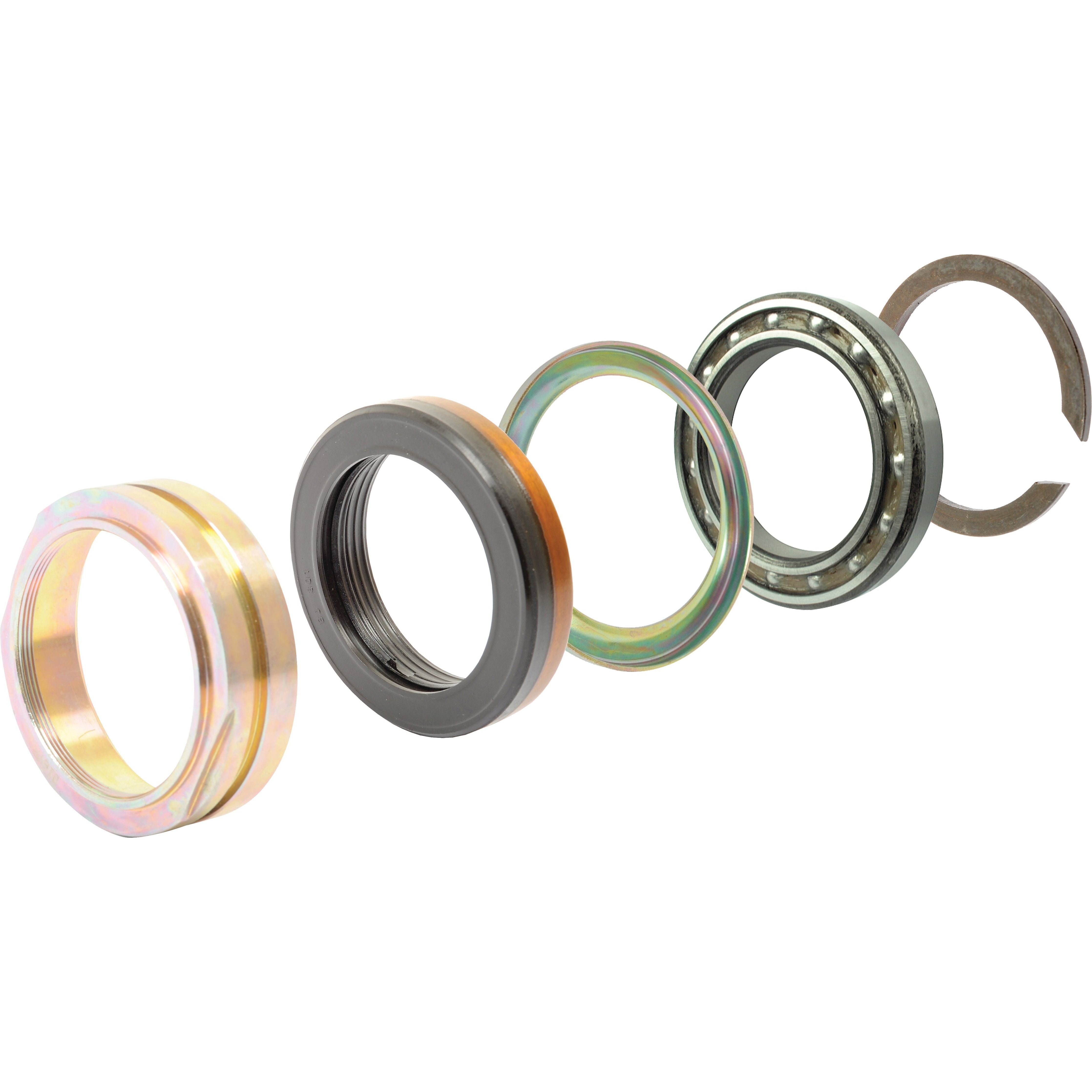 Exploded view of a mechanical bearing assembly for a Massey Ferguson PTO Single Speed, displaying individual components including metal rings, seals, and a ball bearing from the Sparex Seal Kit (PTO - Single Speed), Part No. S.43931.